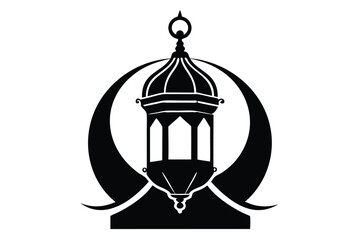 Ornate lantern is framed by crescent moon shapes in this black silhouette