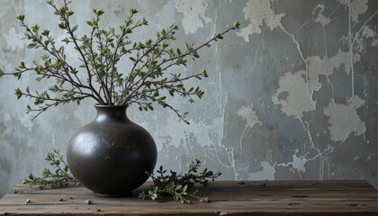 Still life serenity, a dark ceramic vase holds delicate branches, evoking quiet contemplation, perfect for wellness branding or minimalist art.