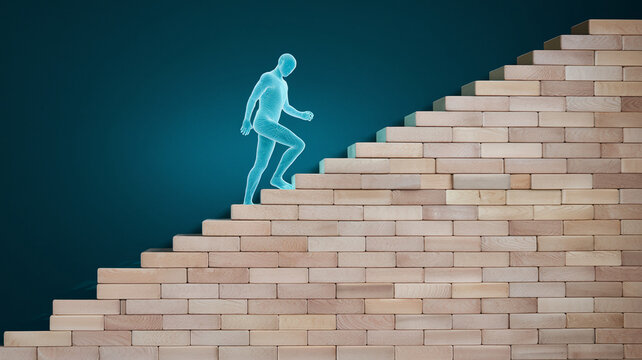 Digital human ascends wooden block stairs against teal background, symbolizing growth, progress, and achievement