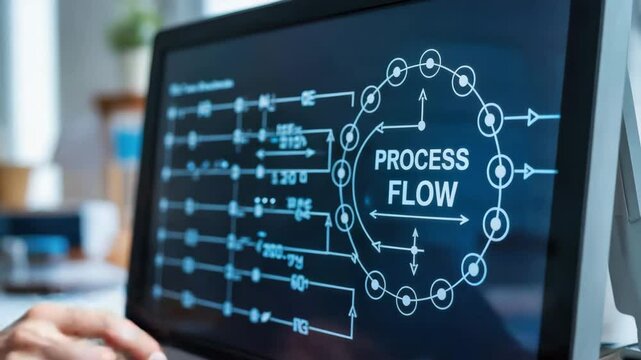 Mechanical consulting process flow diagram with hand pointing at computer screen and digital screen interface for business strategy