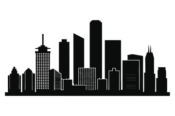Obraz premium Black city skyline showcases skyscrapers against a white background, creating a modern urban silhouette