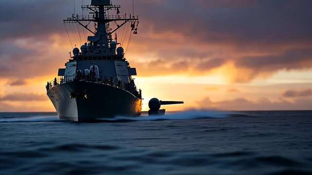 A large gray warship sails on the ocean during a vibrant sunset. The warm colors of the sunset contrast with the dark silhouette of the ship, creating a dramatic scene