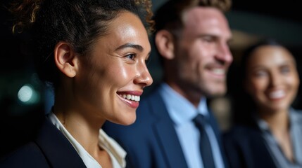Cheerful Business People Smiling Together in a Professional Setting with Radiant Expressions and Positive Energy