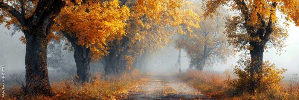 Aufkleber pathway enveloped in fog with golden trees lining the sides during a tranquil autumn morning generat