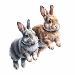 A digital painting depicts two fluffy Jersey Wooly rabbits mid-leap against a clean white backdrop