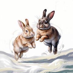 A vibrant digital painting depicts two fluffy Jersey Wooly rabbits mid-leap against a solid white backdrop