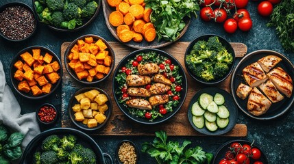 Fototapeta premium Healthy meal prep grilled chicken, roasted vegetables, and quinoa salad.