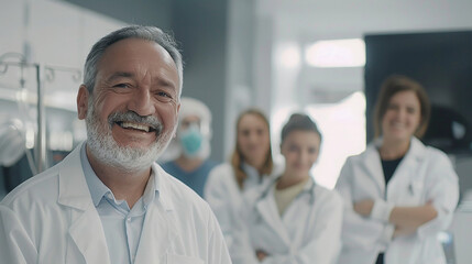 Fototapeta premium Positive confident senior clinic chief doctor and younger diverse team of practitioners, surgeons, nurses standing together in hospital office, looking at camera with toothy smiles