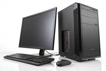 Modern Black Desktop Computer Setup with Monitor, Keyboard, and Mouse on White Background
