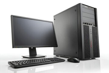 Modern Black Desktop Computer Setup with Monitor, Keyboard, and Mouse on White Background