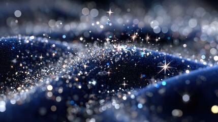 Celestial Sparkle on Dark Blue Fabric: Shimmering silver particles, like stardust, dance across a luxurious dark blue fabric, creating a magical, celestial effect.