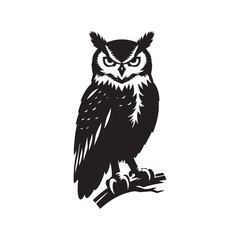 Great Horned Owl Bird Vector Silhouette, Majestic Nocturnal Bird, Owl Design, Powerful Avian Outline, Nature-Inspired Wildlife Art.