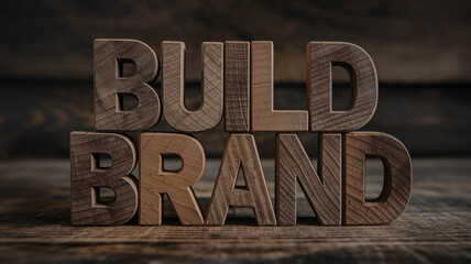 Wooden letters spelling BUILD BRAND on rustic wood surface, showcasing brand building concept, ideal for marketing or business promotion