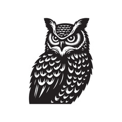 Great Horned Owl Bird Vector Silhouette, Majestic Nocturnal Bird, Owl Design, Powerful Avian Outline, Nature-Inspired Wildlife Art.