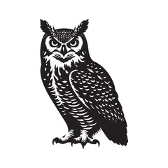 Great Horned Owl Bird Vector Silhouette, Majestic Nocturnal Bird, Owl Design, Powerful Avian Outline, Nature-Inspired Wildlife Art.