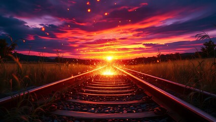 Railroad tracks glowing at sunset with flying sparks, creating a dramatic and cinematic atmosphere. Warm light and metal textures emphasize motion, journey, and industrial energy