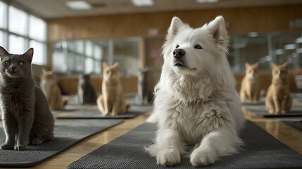 A playful dog leading a yoga class to a group of attentive cats, demonstrating various yoga poses and promoting fitness and relaxation. Funny and adorable animal activity for pets.