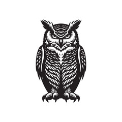 Great Horned Owl Bird Vector Silhouette, Majestic Nocturnal Bird, Owl Design, Powerful Avian Outline, Nature-Inspired Wildlife Art.