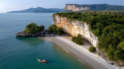Obraz premium Serene Tropical Beach with Boat and Lush Green Cliffs at Dusk