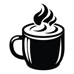 A black mug is filled with frothy whipped cream on a white surface