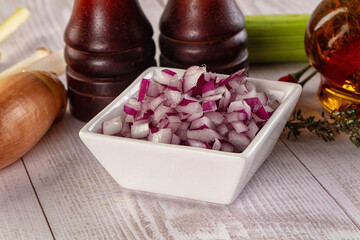 Diced red onion in the bowl