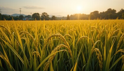 Golden Rice Field at Sunset: A Serene Harvest Scene