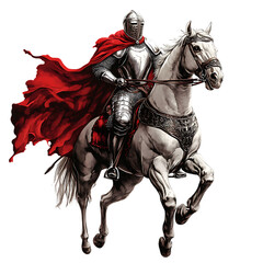 A Cartoon Knight Riding a Horse with Red Cape Isolated on Transparent Background