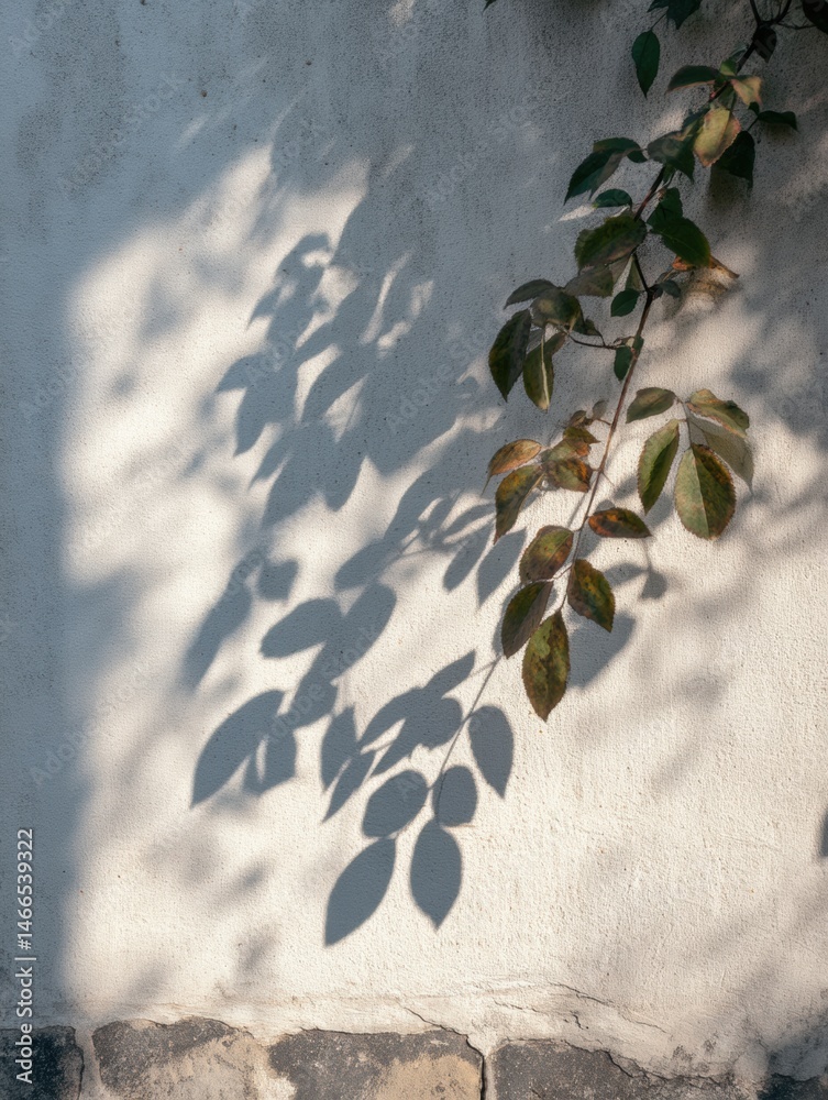 Poster shadows of summer leaves playfully dance on a warm wall in the gentle breeze generative ai