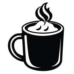 Black mug filled with steaming beverage offers warmth in the simple monochrome graphic