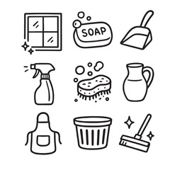 Hand Drawn Household and Cleaning Icons – Minimalist Black Ink Doodle Set