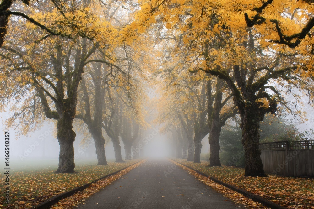Poster Foggy Pathway Lined With Golden Trees Creates a Serene Autumn Atmosphere Generative AI