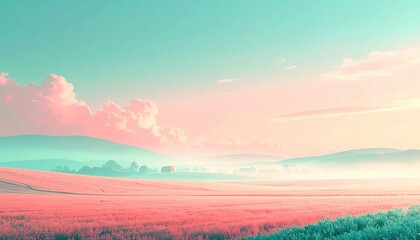 Obraz premium Serene sunrise over rolling hills tranquil landscape nature scene pastoral environment wide-angle perspective