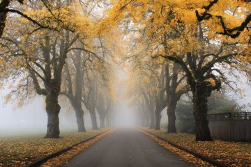 Obraz premium Foggy Pathway Lined With Golden Trees Creates a Serene Autumn Atmosphere Generative AI