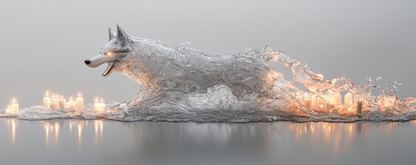 A dynamic white dog sculpture seemingly made of flowing water and glowing light.