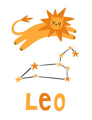Children illustration. Cute jumping lion. Leo constellation. Vector cartoon print with cat and stars. 