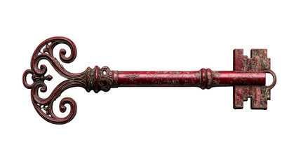 Ornate red vintage key, aged surface texture, close up, cut out transparent
