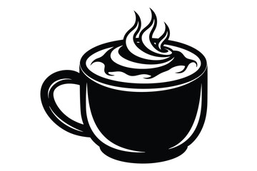 Black coffee cup overflows with whipped cream in this simple monochrome vector