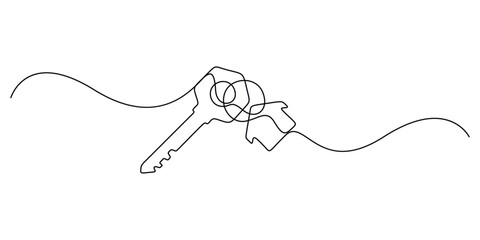 Obraz premium Single line drawing of a house with a key, Set of keys against white background, Continuous one line art drawing symbol of house keys, Real estate line icon vector design, Continuous one line key