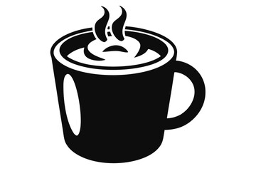 Black cup silhouette displays hot liquid with marshmallows and rising steam plainly