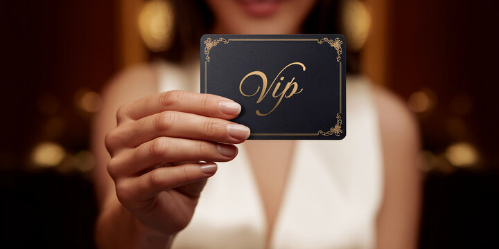 Woman's hand holding dark card with gold VIP lettering, blurry background showcasing luxury event