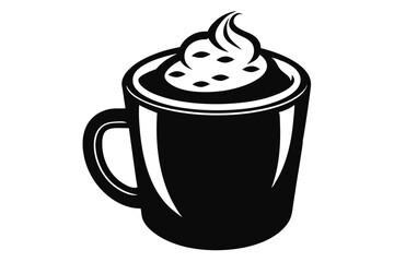 Black coffee mug has whipped cream and topping on a white backdrop