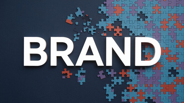 White letters spelling "BRAND" on dark background, surrounded by scattered puzzle pieces, symbolizing brand building and strategic planning