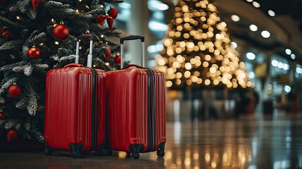 Christmas travel suitcases at airport terminal for holiday vacation trip planning and luggage ideas tips