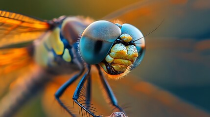 Dragonfly macro with striking blue eyes and intricate head detail