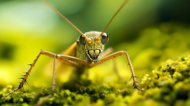 Up-close perspective of a green insect on green moss with antennae.
