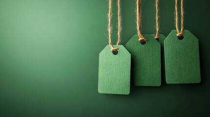 Minimalist concept of green monday sale with blank green price tags hanging on strings on a green background