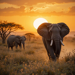 Obraz premium Majestic Elephant at Sunset in African Savannah
