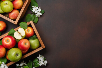 Ripe red and green apples in wooden box with branch of white flowers on a rusty background