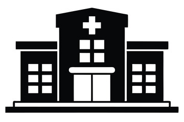 Black silhouette displays a medical building structure with windows and a prominent cross