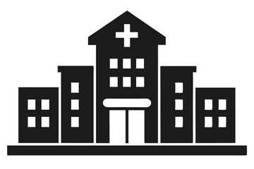 Black symbol shows a hospital building with four wings, windows, and a cross on the roof